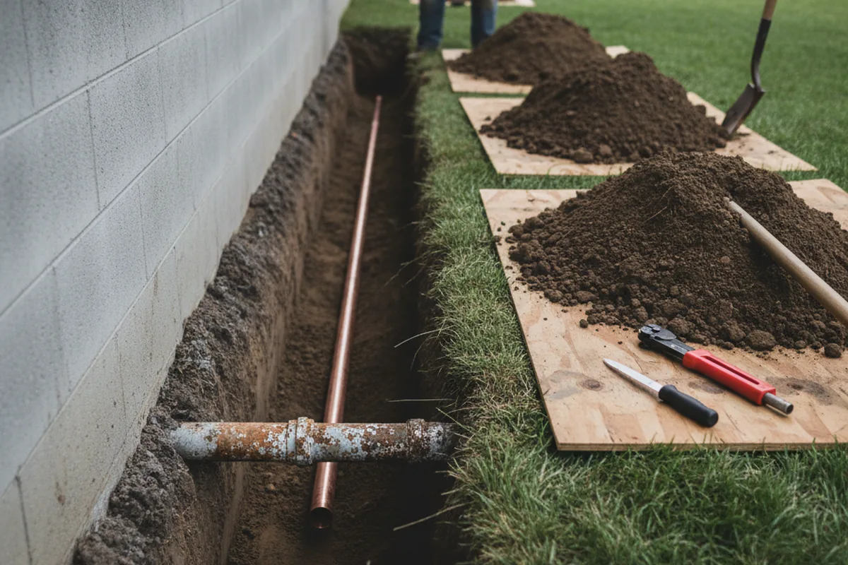 Excavated water line trench during Sewer Line Repair in Carlsbad